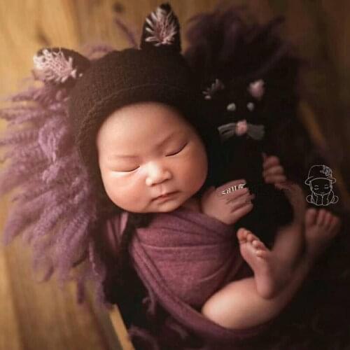 Newborn Photography Crochet Cat Hat+Doll Props Baby Boy Photo Shoot Studio Posing Cartoon Hat Caps bebe fotografia Accessories