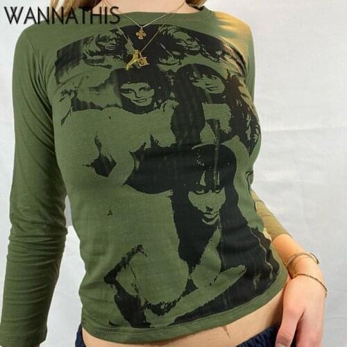 WannaThis Printing Tee Casual Shirts Women Long Sleeve Human Head O-Neck Sexy Hip Hop Tops Woman Retro Spring 2021 Girl New Tops