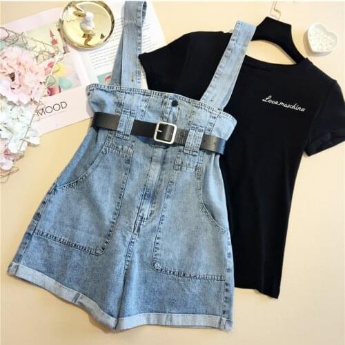 2019 new 2 piece set Outfits Women Letter Print O-Neck Short Sleeve T Shirts+ Denim Sashes Wide Leg Bib Pants Fashion Suits