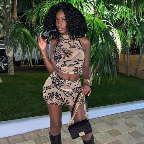 Two Piece Skirts Set Women 2021 Summer Mesh See Through Sleeveless Tank Tops Pencil Skirt Print Club Sexy 2Pcs Sets Female