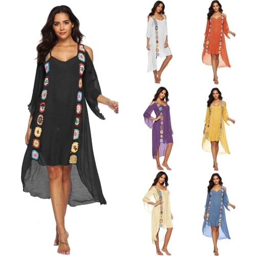 Female Beach Dress Floral Round Neck Elbow Sleeve One-Piece Off Shoulder Bikini Covers for Summer