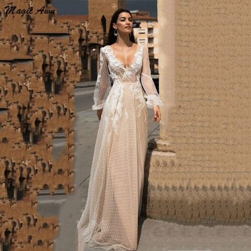 Magic Awn Bohemian Champagne Wedding Dresses Long Sleeves Lace Appliques Open Back Beach Mariage Gowns Illusion Vestidos Boda