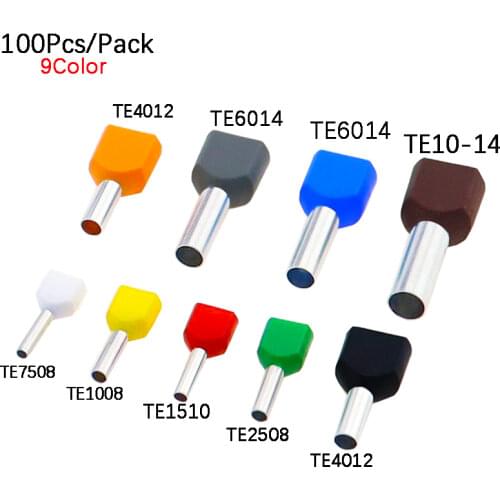 100PCS TE0508 TE1008 TE1508 TE2508 TE6014ouble pipe 0.5~6.0² cold pressed end double line tube shaped insulated tubular terminal