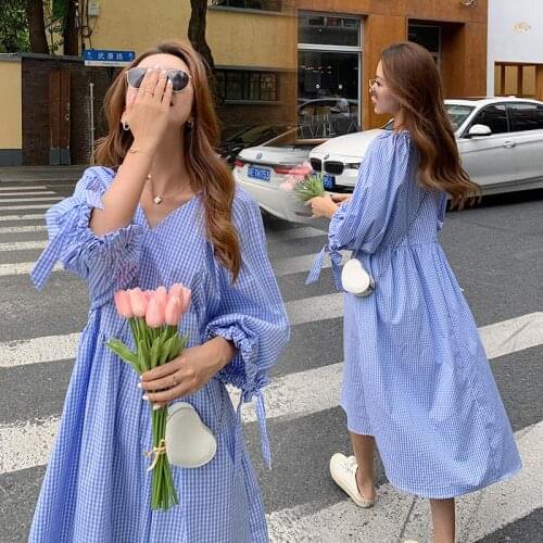 1623# Maternity Clothes Spring Autumn Cotton Plaid Blue Color Loose Stylish Dress Pregnant Women Pregnancy Clothes