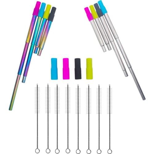 8pcs Stainless Steel Reusable Folding Straw with Food Grade soft Silicone Nozzle and Cleaning Brush (4 Colorful 4 Silver )