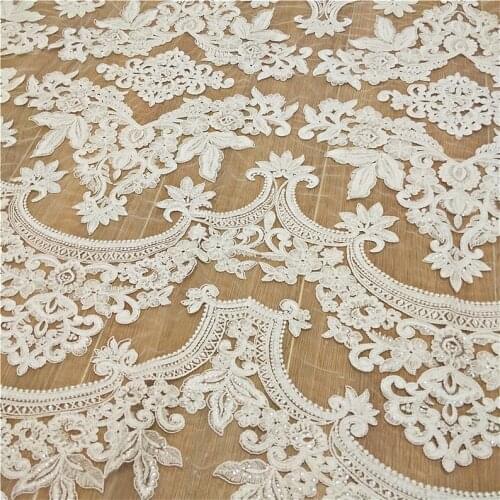 Off White Antique Cotton Thread Embroidery Lace Fabric Tulle Floral Sequins Dress Wedding Veil 51" Width By The Yard