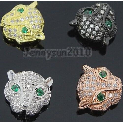 Zircon Gems Stones Pave Leopard Head Bracelet Connector Charm Beads Silver Gold Rose Gold Gunmetal 10Pcs/Pack