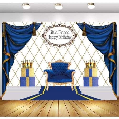 Little Prince Princess Happy Birthday Photography Backdrop Headboard Wall Royal Blue Red Curtain Cake Table Background Decor