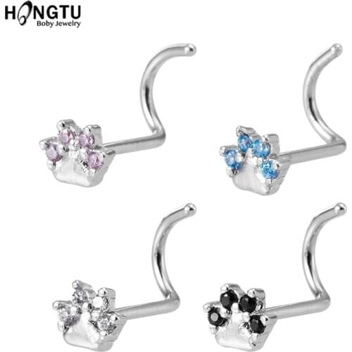 HONGTU 1PC 20G Cute Paw Screw Nose Ring Stud with Crystal Nose Piercing Septum Surgical Steel Fake Nose Rings Body Jewelry Gifts