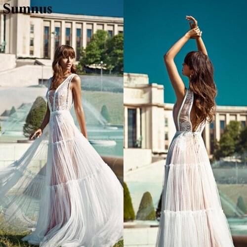 Sumnus Tull Beach Wedding Dresses 2020 V Neck Lace Appliqued A Line Bohemian Bridal Dress Plus Size Vestidos De Novia