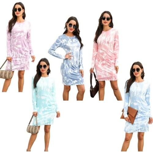 Autumn Fashion Women Tie-dye Long Sleeve Casual Party Slim Dress Round Neck Pullover Streetwear