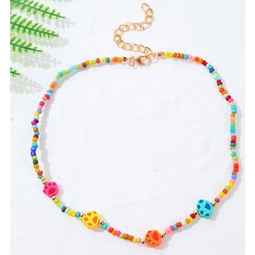 Bohemian Female Handmade Beaded Multicolor Glass Beads Polymer Clay Cat Paw Chokers Necklaces For Women Girls Party Jewelry Gift
