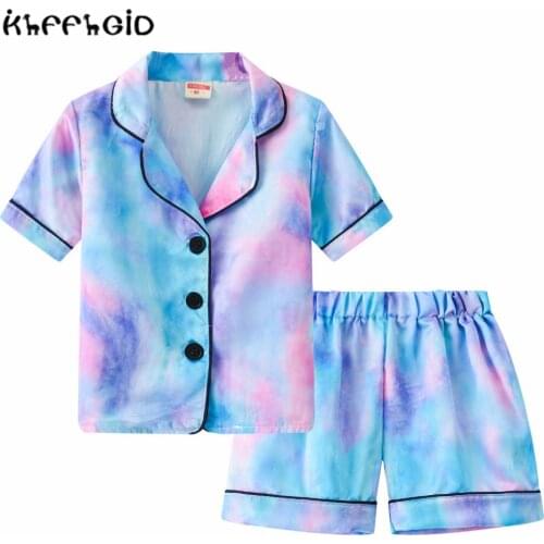 GirlsSummer new childrens Pajama Lapel suit tie dyed Top + pants printed short sleeve shorts two piece set for home and out
