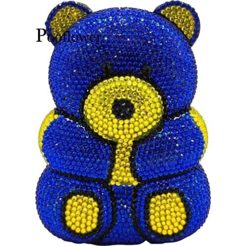Pooflower Crystal Wedding Clutch Purse Women Teddy Bear Diamonds Evening Party Bags Chains Mini Handbag bolso fiesta mujer ZH255