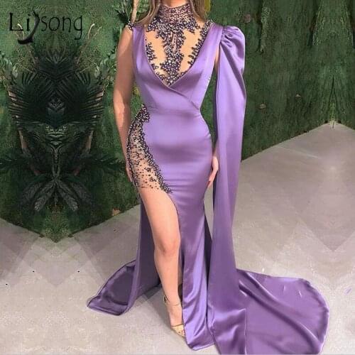 Sexy Purple High Split Mermaid Evening Dresses 2020 Illusion High Neck Beaded Long Prom Gowns Abendkleider