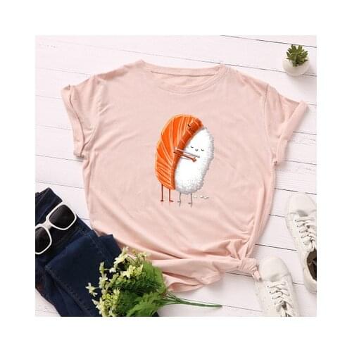 Sushi Hug Print T Shirt Funny Cotton T Shirts Streetwear Large Size Cartoon Cotton Tshirt Harajuku Basic Tees Shirt Femme Tops