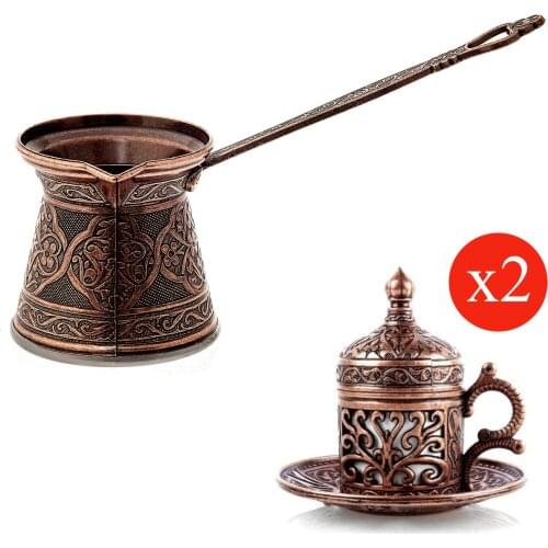 Turkish Coffee Pot 200 ML With Coffee Cup x2 Coffee Maker Moka Pot турка для кофе Copper Cezve Handmade Casting Decorative Gift