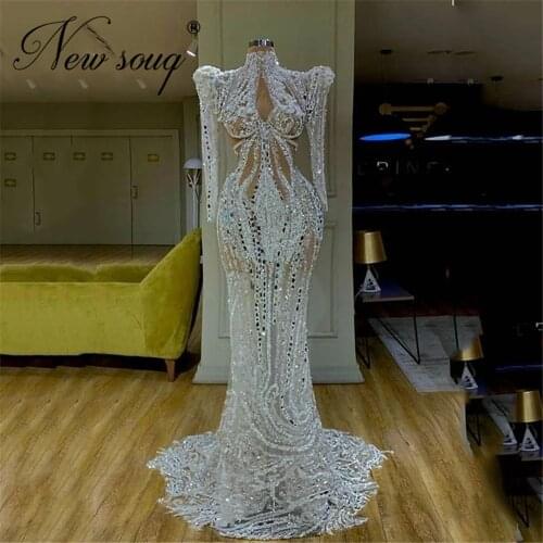 Middle East Illusion Beading Evening Dresses Customized Mermaid Prom Gowns Crystals Vestidos De Fiesta 2021 Celebrity Dresses