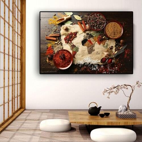 Grains Spices World Map Kitchen Canvas Painting Wall Art Pictures Painting Wall Art for Living Room Home Decor (No Frame)