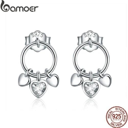BAMOER Romantic Genuine 925 Sterling Silver Heart to Heart Stud Earrings for Women Clear CZ Sterling Silver Jewelry Gift SCE494