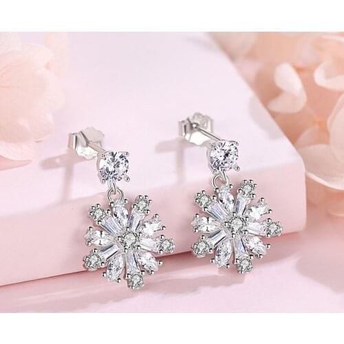 S925 Sterling Silver Earrings for Women Real 925 Silver Snowflake Drop Earring Fine Jewelry for Wedding Gifts Crystal Earrings