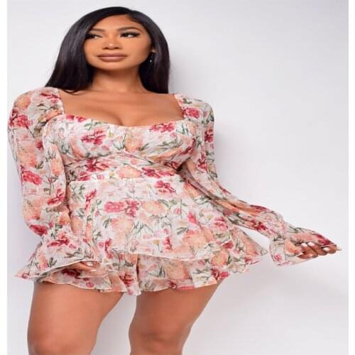 2021 new casual floral women sexy backless fashion square collar long sleeve romper European and American flounce shorts trend