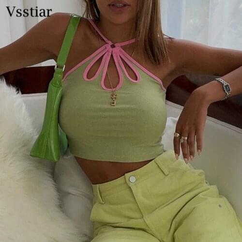 Vsstiar Green Hollow Out Sexy Camis Backless Knitted Straps Women Crop Tops Nightclub Party Slim Girls Tank Top Fashion Summer