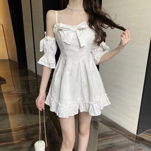 Bella 2021 Kawaii Strap Women Dress Summer 2021 Patchwork Off Shoulder Sexy Party Mini Dress Casual Sweet Princess Fairy Dress