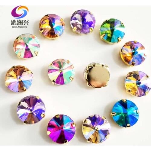 Golden bottom AB color High-grade Round shape AAA glass crystal sew on claw rhinestones with holes,diy/apparel accessories