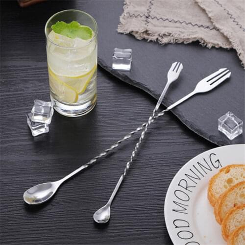 1Pc Stainless Steel Bar Cocktail Twisted Double End Mixing Spiral Pattern Stirrin Spoon Fork Tip DIY Set For Kitchen Bar
