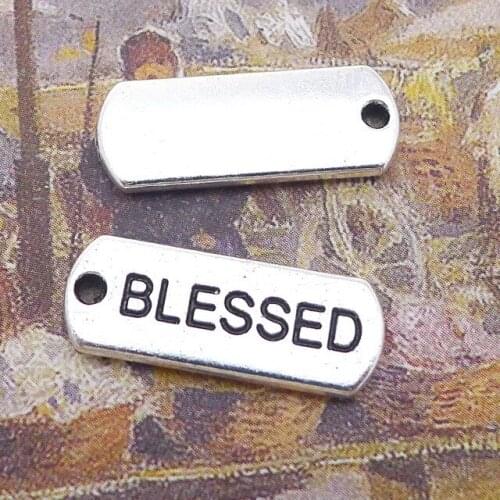 12Pcs 21*8mm Antique Silver Plated Blessed Rectangle Charms Fashion Necklace Alloy Phone Pendant For DIY Jewelry Handcraft