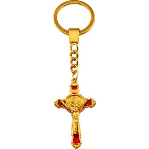 Red Enamel Saint Benedict Medal Cross Crucifix Religious Key Ring Travel Protection 28.5mm Pendant Antique gold 15pcs/lots A363