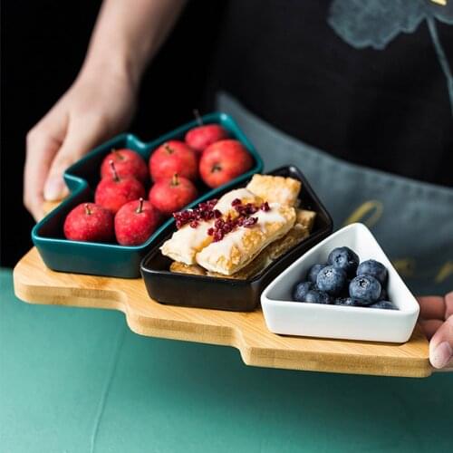 MUZITY Ceramic Dessert Plates Christmas Trees Design Fruit Plates with Bamboo Tray Holiday Gift