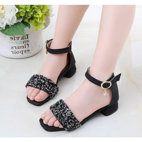 Summer Childrens Sandals Big Girls School Sequins Bling T-strap High-top Wedding Party Princess Dress Shoes New Pink Sliver