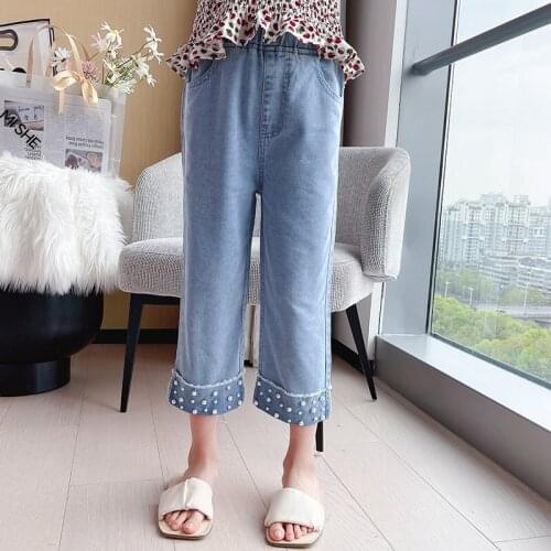 Girls Summer Thin Jeans 2021 Kids Casual Style Loose Straight Soft Denim Pants With Pearl Teen Girls Solid Color Trousers 4-13Y