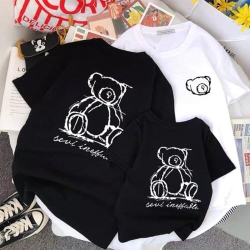 Summer Short-sleeved Bear Print Round Neck T-shirt Family Look Mid-length Skirt Casual Family Matching Outfit Mommy And Me Dress