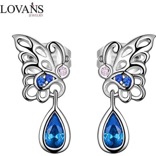 925 Sterling Silver Earrings Women Jewelry Butterfly Shaped Earrings Ear Studs Luxury Blue Cubic Zirconia Korean Studs Ear Drops