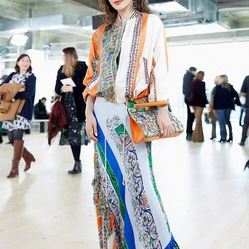 Fashion Sets 2021 Runway Spring Summer Women 3/4 Sleeve Striped Jacket + Luxury Ruffles Floral Print Skirt Party Set