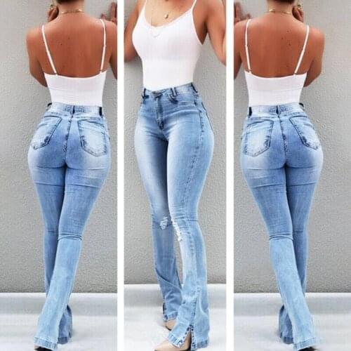 Fashion Women Jeans High Waist Stretch Hole Flares Full Pants Girls Ladies Casual Skinny Denim Hot Sexy Casual Push Up Trousers