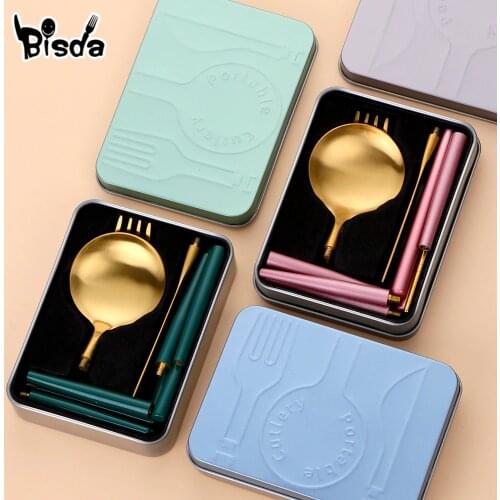 Creative Portable Cutlery Set with Box Stainless Steel Assemblable Flatware Set Canteen Dinner Tools Kinife Fork Spoon Chopstick