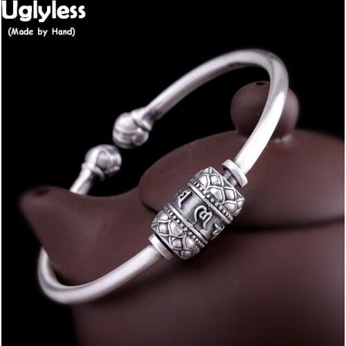 Uglyless Real 999 Silver Open Bangles for Women Spinning Thai Silver Beads Bangle Six-word Mantra Buddhistic Twist Jewelry BA619