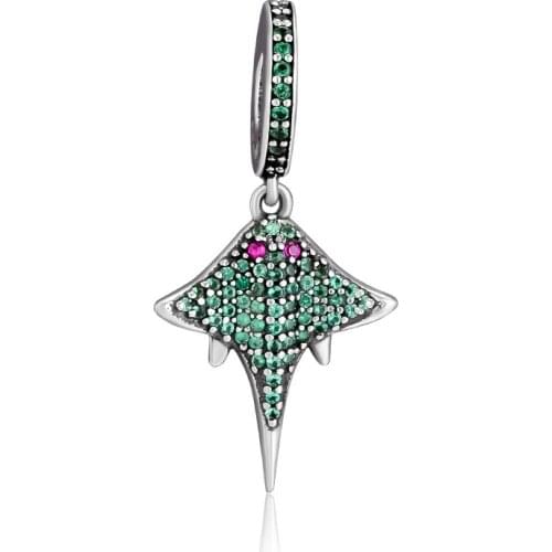 Davil Rays Pendant Fandola 925 Sterling Silver Mobul Oceanic Charm,Green CZ Fit Bracelet Charms for Jewelry Making Necklace Gift