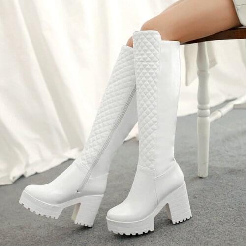 2021 Winter Women Shoes Plush Square High Heel Knee High Boots Fashion Platform Zipper Boots Round Toe Snow Boots White Black