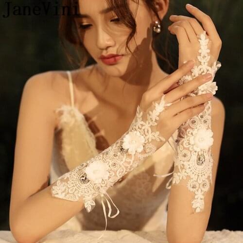 JaneVini Sexy Lace Beaded Bridal Gloves White Fingerless Flowers Wedding Gloves Bride Party Accessories Koronkowe Rękawiczki