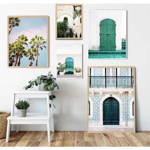 Scandinavian Wall Art Picture Lisbon Portugal Canvas Painting Modern Blue Door Green Door Poster and Print for Living Room Decor