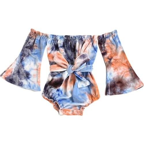 0-24M Newborn Baby Girls Tie Dye Romper Outfits, Off Shoulder Flared Sleeve Short Jumpsuit with Belt Spring Autumn Clothing