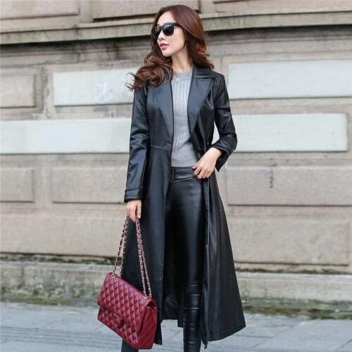 High 2020 Quality Women PU Leather Jacket Slim Long Trench Coat Female Black WinterJackets Jaqueta Couro Feminina WXF263 Winters