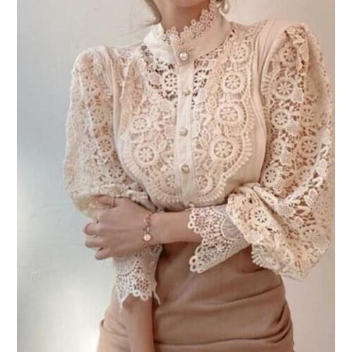 Petal Sleeve Stand Collar Hollow Out Flower Lace Patchwork Shirt Femme Blusas All-match Women Blouse Chic Button White Top