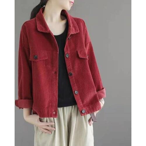 2021 New Fashion Woman Corduroy Jackets Fall Winter Solid Turn Down Collar Single Breasted Long Sleeve Pocket Button Casual Coat