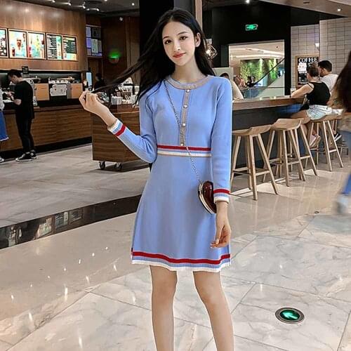 2021 Autumn Winter Women Casual Dress O-neck Knitting Spliced Fashion Elegant Button A-line Mini Office Lady Dress